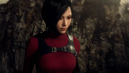 Close-up of Ada Wong from Resident Evil 4: Separate Ways (2023) remake — 4K Ultra HD PC desktop wallpaper showing her red sweater, black harness, and a dim rocky cavern background.