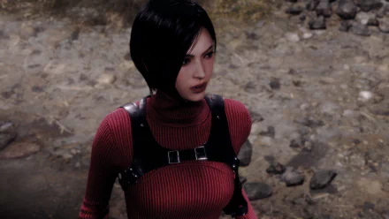 Ada Wong in a red ribbed sweater with tactical harness on rocky ground — 4K Ultra HD PC desktop wallpaper from Resident Evil 4: Separate Ways remake (2023).