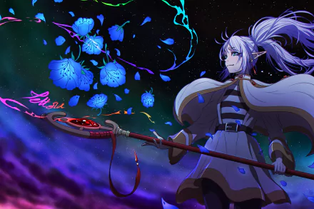 4K Ultra HD anime wallpaper featuring Frieren from Frieren: Beyond Journey's End, showcasing her with glowing blue flowers and a staff against a dark, mystical background.