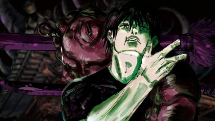 HD desktop wallpaper featuring Toji Fushiguro from Jujutsu Kaisen manga with a dramatic backdrop.