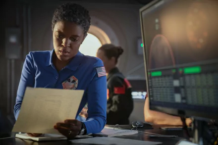 Female astronaut focused on reading a document in a spacecraft control room, with monitors showing data in the background - HD wallpaper from For All Mankind series.