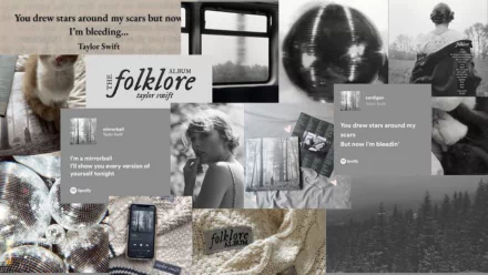 HD PC desktop wallpaper featuring Taylor Swift’s folklore album theme with lyrics, black-and-white photos, and soft, textured visuals inspired by her music.