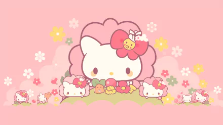 A vibrant HD wallpaper featuring Hello Kitty surrounded by colorful flowers and cheerful companions, set against a soft pink background, adding charm to any desktop.
