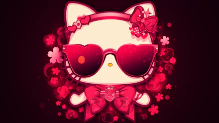 HD desktop wallpaper featuring a stylish Hello Kitty in sunglasses, adorned with bows and surrounded by pink flowers on a deep red background.