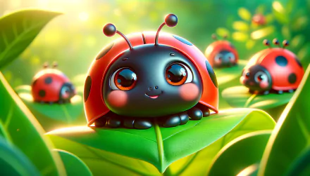 HD desktop wallpaper featuring a charming cartoon ladybug atop a vibrant green leaf, with a soft focus background of more ladybugs.