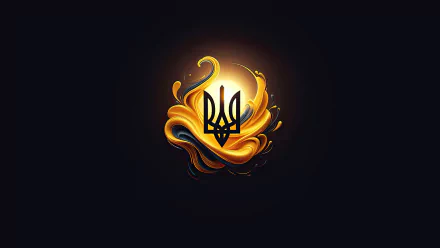 Ukraine 8K Ultra HD PC desktop wallpaper: glowing golden Tryzub (Ukrainian trident) made of swirling gold flames against a deep, dark background.