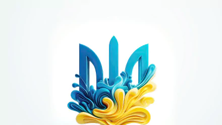 Stylized Ukrainian trident formed from blue and yellow flowing ornamental waves on a white field — 8K Ultra HD PC desktop wallpaper and background.
