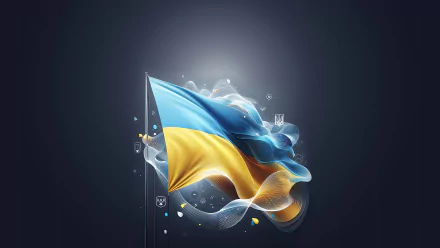 Ukraine flag waves amid glowing particles and flowing ribbons on a dark backdrop — 8K Ultra HD PC desktop wallpaper and background.