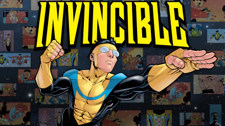 HD desktop wallpaper featuring Mark Grayson as Invincible from Image Comics, posing heroically with the title INVINCIBLE displayed prominently above him.