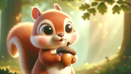 HD desktop wallpaper of a charming animated squirrel holding an acorn in a sunlit forest backdrop.