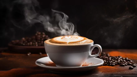HD wallpaper of a steaming cappuccino with artful foam, surrounded by coffee beans, exemplifying a cozy coffee ambiance.