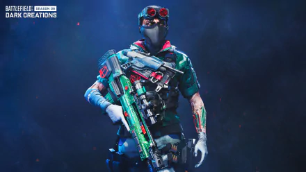 HD desktop wallpaper of a character from Battlefield 2042 video game, featuring a soldier in tactical gear with a customized rifle, set against a smoky blue background.