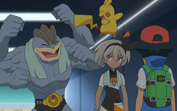 HD desktop wallpaper featuring Bea with Machamp from Pokémon Ultimate Journeys: The Series.