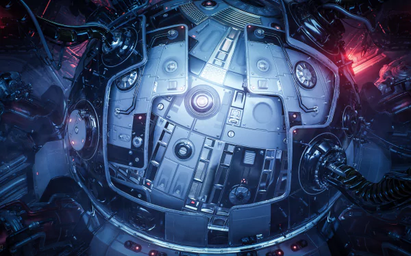 4K Ultra HD PC desktop wallpaper featuring a detailed sci-fi mechanical core from the video game The Ascent, illuminated in blue and red tones.