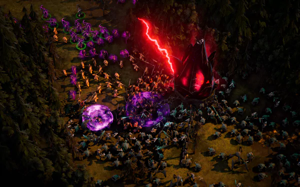 HD desktop wallpaper featuring a scene from Age of Darkness: Final Stand with fantasy troops battling around a glowing red portal and mystical energies.