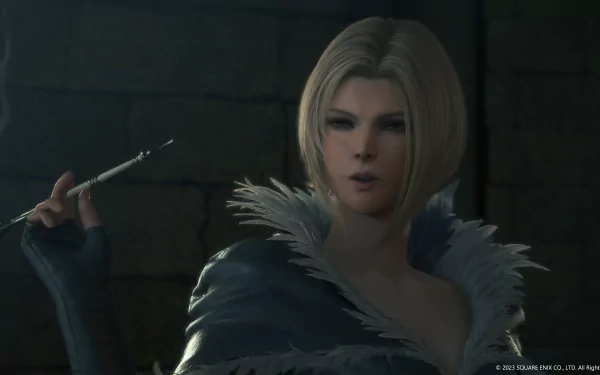 An HD desktop wallpaper from Final Fantasy XVI showcases a striking character with short blonde hair, elegantly dressed in a dark fur-lined cloak, exuding an air of confidence.