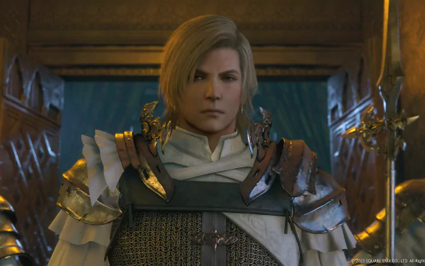 A detailed HD desktop wallpaper from Final Fantasy XVI, featuring a character with striking armor and an intense expression, set against a richly decorated background.