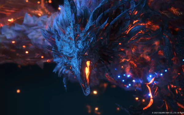 HD wallpaper of a fiery dragon from Final Fantasy XVI, featuring intense red and blue hues for a dramatic desktop background.