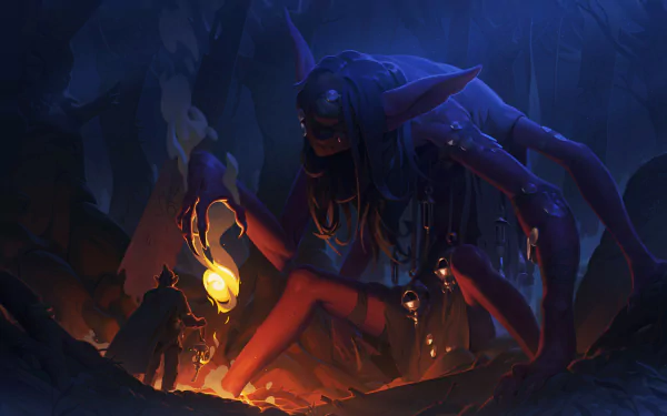 Fantasy creature with mystical lantern in a dark cavern, HD desktop wallpaper and background.