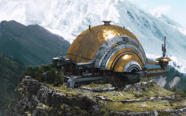 Futuristic golden dome structure on a mountain for 'The Creator' 2023 HD desktop wallpaper and background.