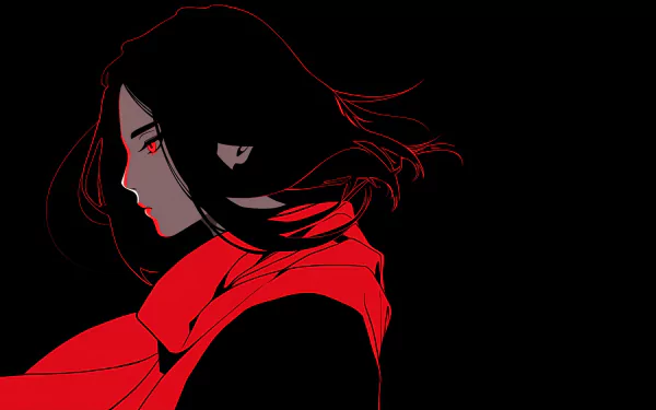 HD wallpaper of a stylized girl with red accents on a black background.