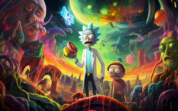Rick and Morty HD wallpaper featuring Rick Sanchez and Morty Smith in a vibrant cosmic adventure setting, perfect for desktop background.