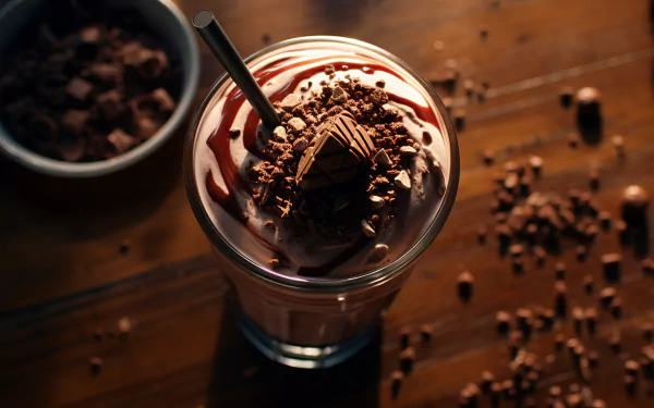 HD desktop wallpaper featuring a decadent chocolate milkshake topped with whipped cream, chocolate shavings, and a chocolate piece with a straw, set on a wooden surface.
