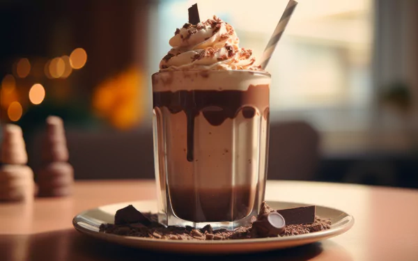 A delicious chocolate milkshake topped with whipped cream and chocolate shavings in a glass, served on a plate with chocolate pieces. This vibrant HD wallpaper captures its indulgent appeal.