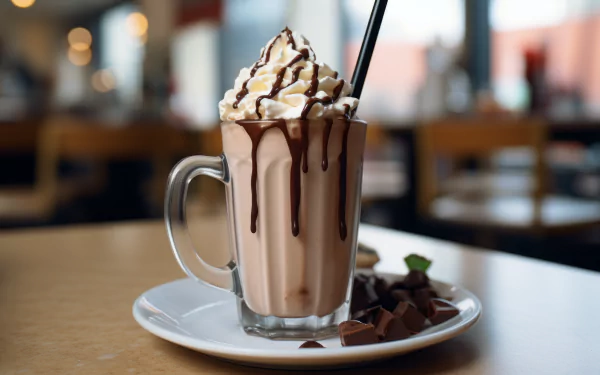A delicious chocolate milkshake topped with whipped cream and drizzled with chocolate sauce, served in a clear glass on a plate with chocolate pieces, creating an enticing food-themed wallpaper.