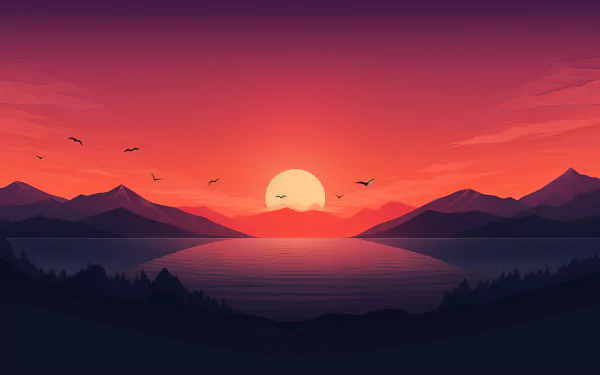 HD minimalist sunset over mountains and a lake, silhouette of birds in flight, for desktop wallpaper and background.