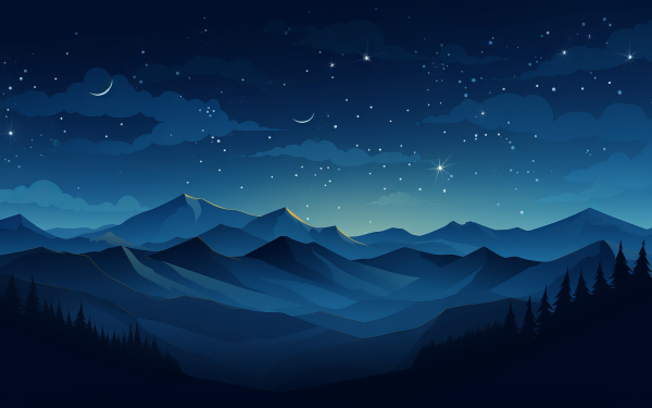 Minimalist HD desktop wallpaper featuring starry night sky over layered mountain silhouettes with a forest foreground.