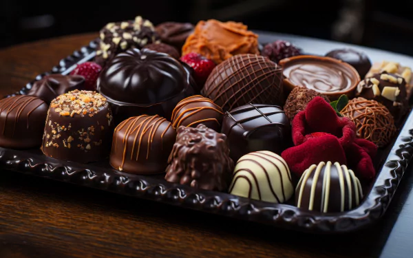 HD desktop wallpaper featuring a variety of exquisite chocolates arranged on a tray, created by AI art.
