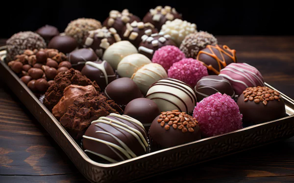 HD desktop wallpaper featuring an assortment of luxurious chocolates in an artistic presentation.