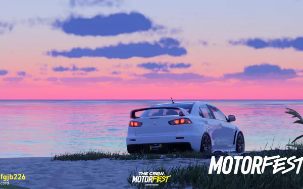 HD wallpaper of The Crew Motorfest featuring a sports car by the beach at sunset with logo.