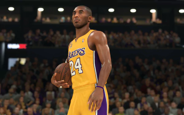 HD desktop wallpaper featuring a player in a Lakers uniform holding a basketball from NBA 2K24 game, set against an in-game crowd background.