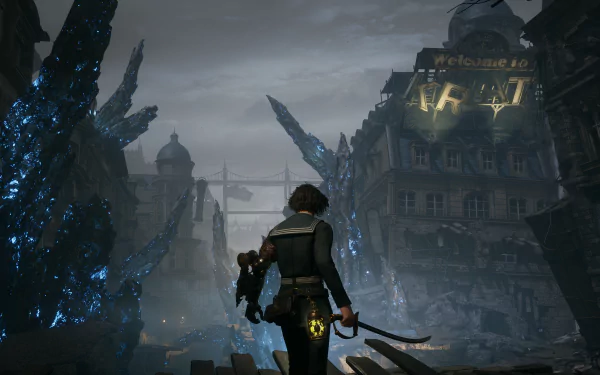 HD wallpaper featuring a Lies Of P game scene with a character overlooking a dystopian cityscape with blue crystals.