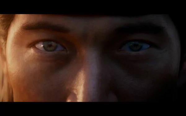 HD desktop wallpaper featuring an intense close-up of a character's eyes from Mortal Kombat.