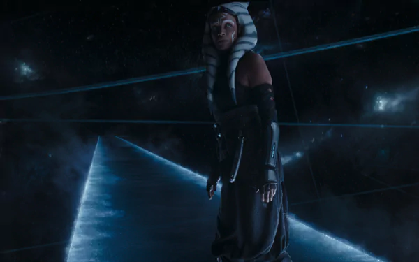 HD desktop wallpaper featuring Ahsoka on a starry spacewalk bridge, radiating a contemplative ambiance.