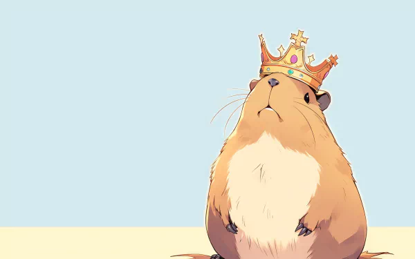 HD desktop wallpaper featuring a capybara wearing a crown, styled as a king, against a soft blue background.