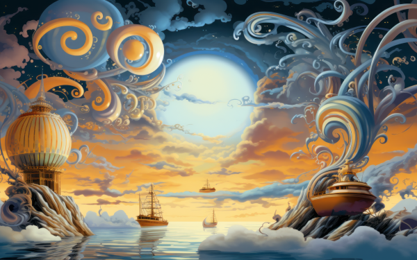 HD illustration of a Y2K-inspired whimsical seascape with stylized waves and clouds for desktop wallpaper and background.