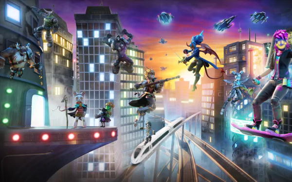 A dynamic HD wallpaper from the video game Roblox, featuring vibrant characters leaping through a futuristic cityscape illuminated by neon lights and a colorful sunset.