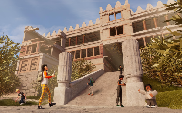 HD Roblox wallpaper featuring players exploring an ancient temple structure in a vivid, sunlit virtual world for desktop background.
