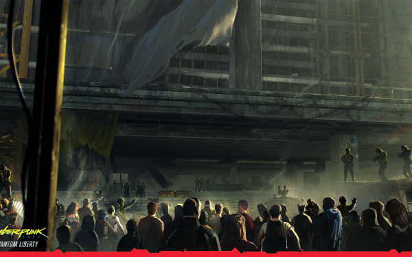 HD desktop wallpaper featuring a crowded scene from Cyberpunk 2077 with futuristic urban setting and construction site.