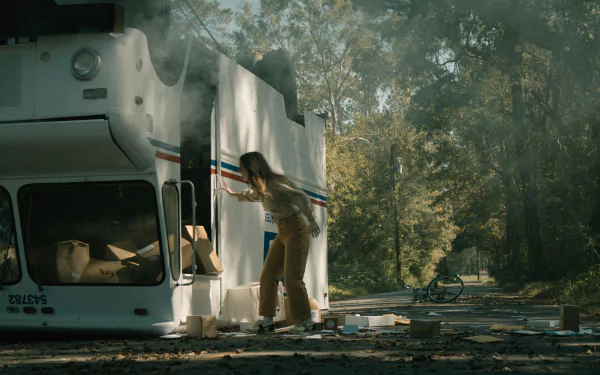 HD desktop wallpaper featuring a dramatic scene with a person escaping a smoking vehicle wreck, conveying a sense of urgency and survival, tagged with 'No One Will Save You'.