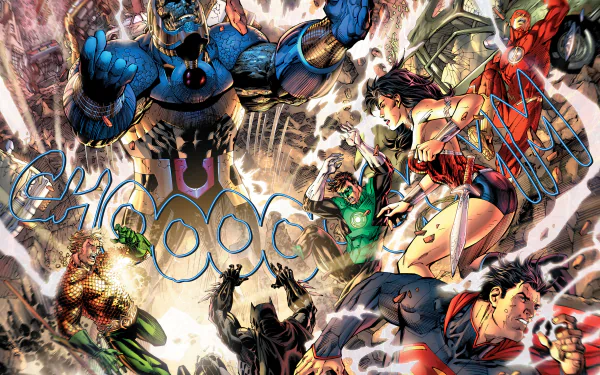 A high-definition desktop wallpaper featuring the Justice League characters in a comic book style.