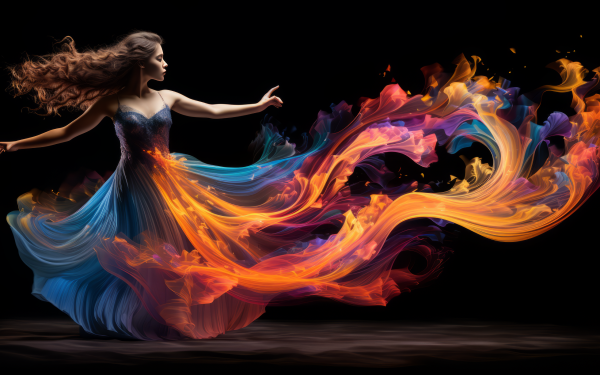 Elegant dancer in a flowing dress with vibrant colors resembling flames against a dark background, HD wallpaper for desktop.