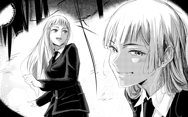 Black and white 4K Ultra HD anime wallpaper featuring Kasumi Miwa from Jujutsu Kaisen, showing two detailed expressions in a dynamic manga-style composition.