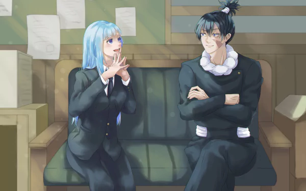 HD anime wallpaper featuring Kasumi Miwa and Kokichi Muta from Jujutsu Kaisen sitting and interacting on a bench in a softly lit room with scattered papers.