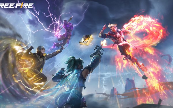 HD desktop wallpaper featuring dynamic Garena Free Fire characters engaged in intense battle with vibrant effects.
