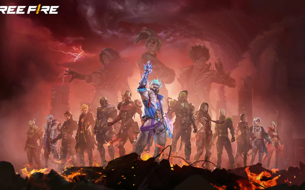 A dynamic HD desktop wallpaper for Garena Free Fire, depicting a group of characters in a dramatic, fiery backdrop, showcasing action and intensity in the game's world.